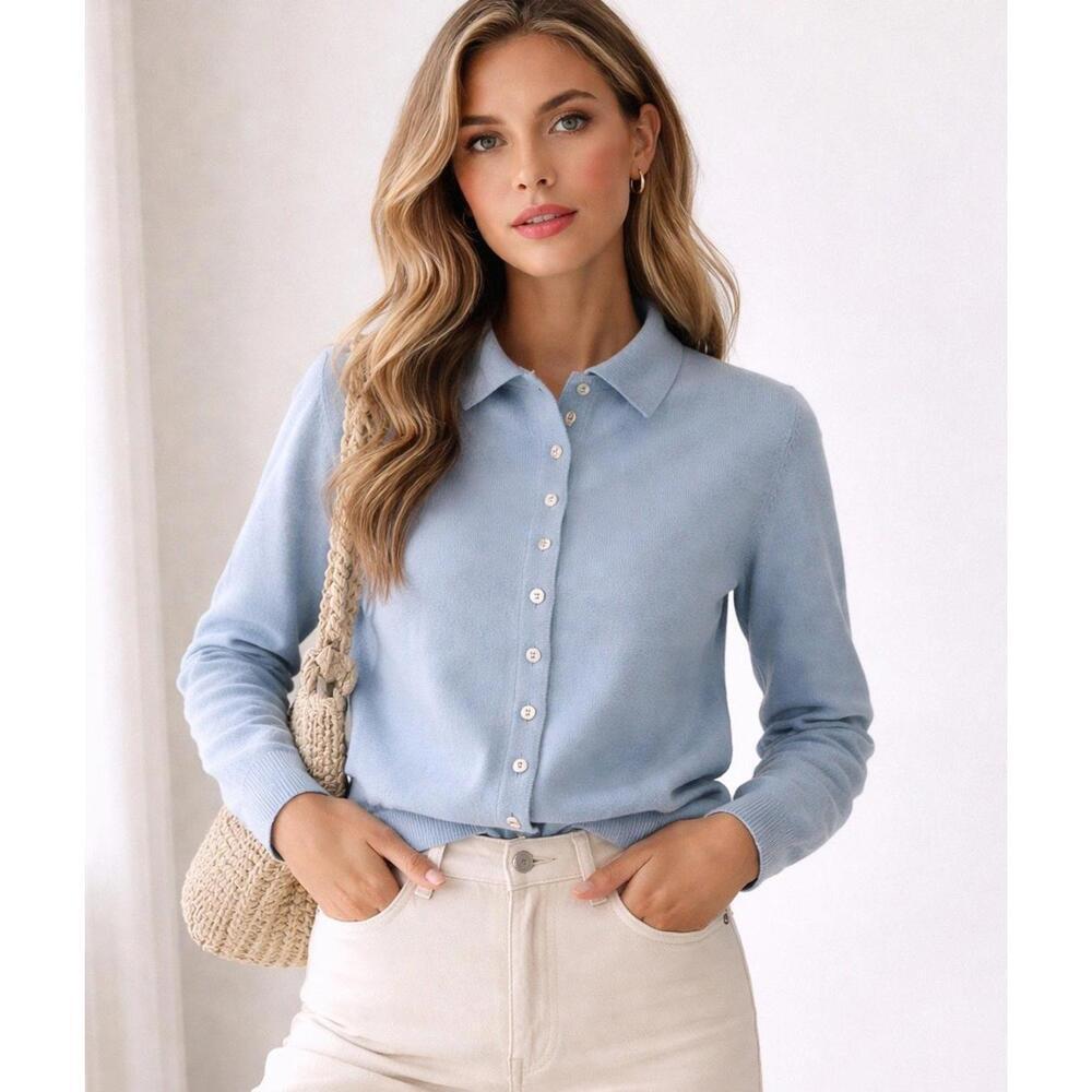 Zara Blue Wool Blend Cardigan Medium Button Front Preppy Coastal Old Money